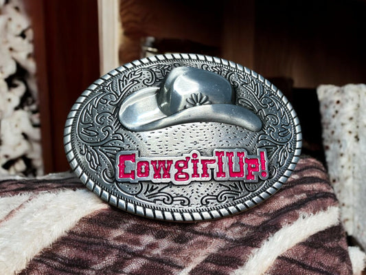 Cowgirl Up Hat Belt Buckle