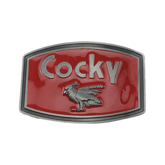 COCKY Belt Buckle with Red Enamel and Pewter Finish