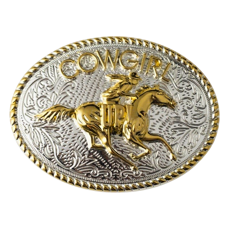 Cowgirl Up Western Belt Buckle – Gold & Silver Finish