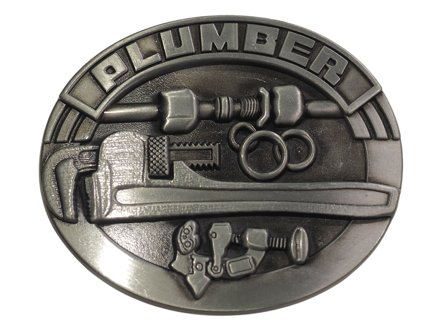 A close up of the Plumber Belt Buckle