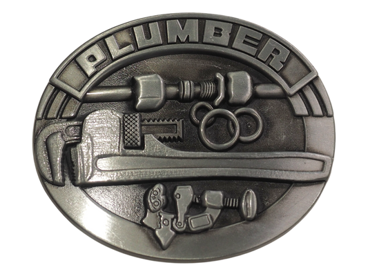 A close up of the Plumber Belt Buckle