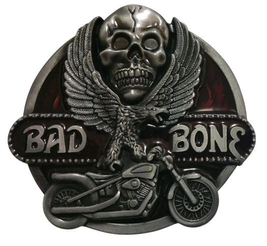 Bad Bone skull motorcycle belt buckle with wings and detailed metal design