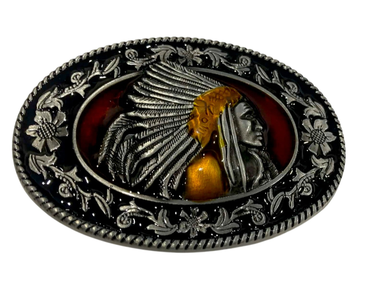 Front view of Western Chief oval belt buckle featuring silver chief detail with black enamel background and gold accents.