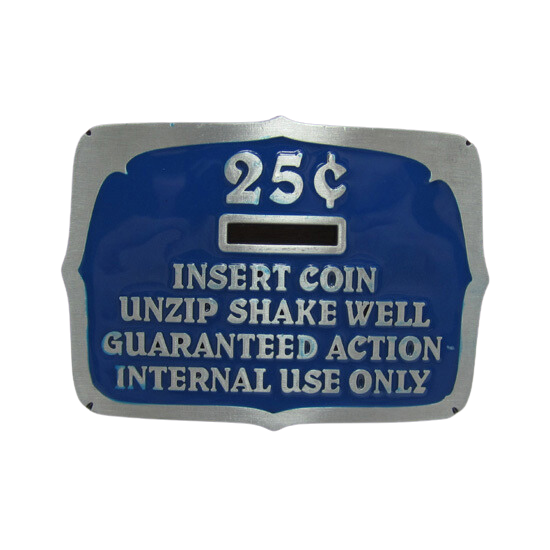 Insert Coins Belt Buckle with Pewter Finish and Blue Background