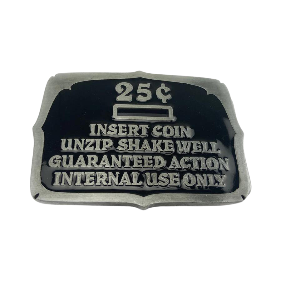 Insert Coins Belt Buckle with Pewter Finish and Black Background