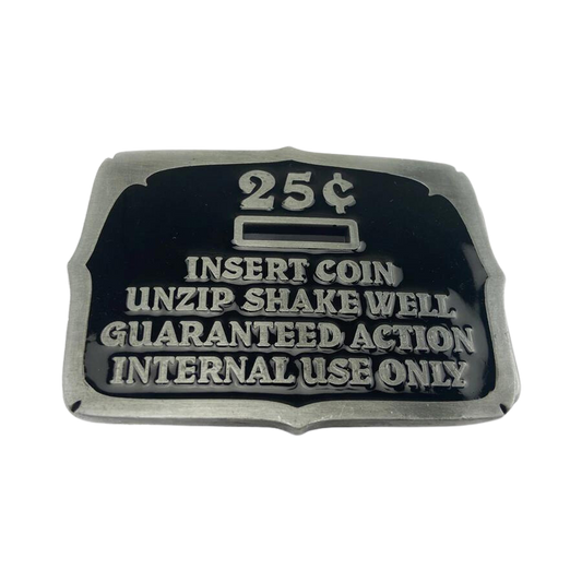 Insert Coins Belt Buckle with Pewter Finish and Black Background