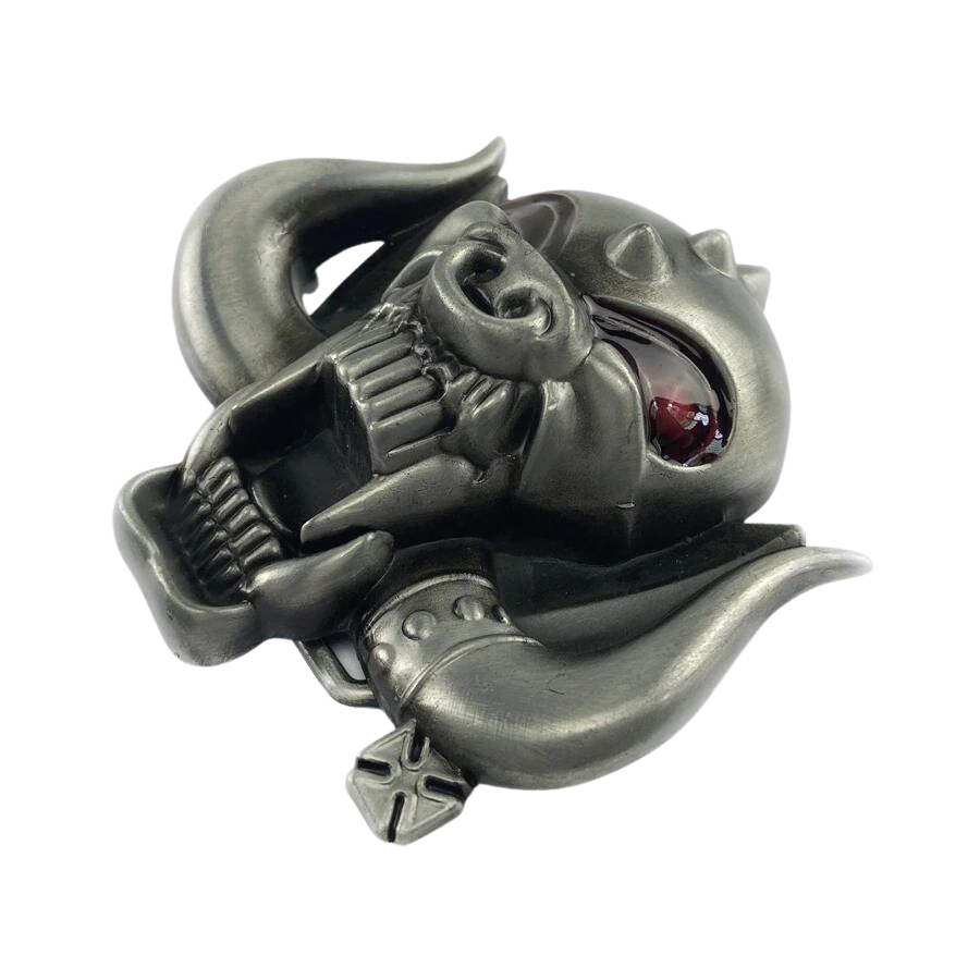 3D Skull Head Belt Buckle with Pewter Finish and Red Eyes