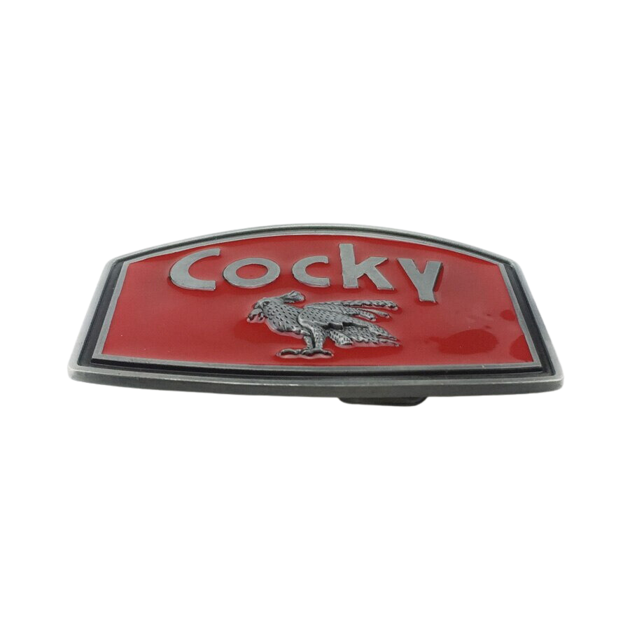 COCKY Belt Buckle with Red Enamel and Pewter Finish