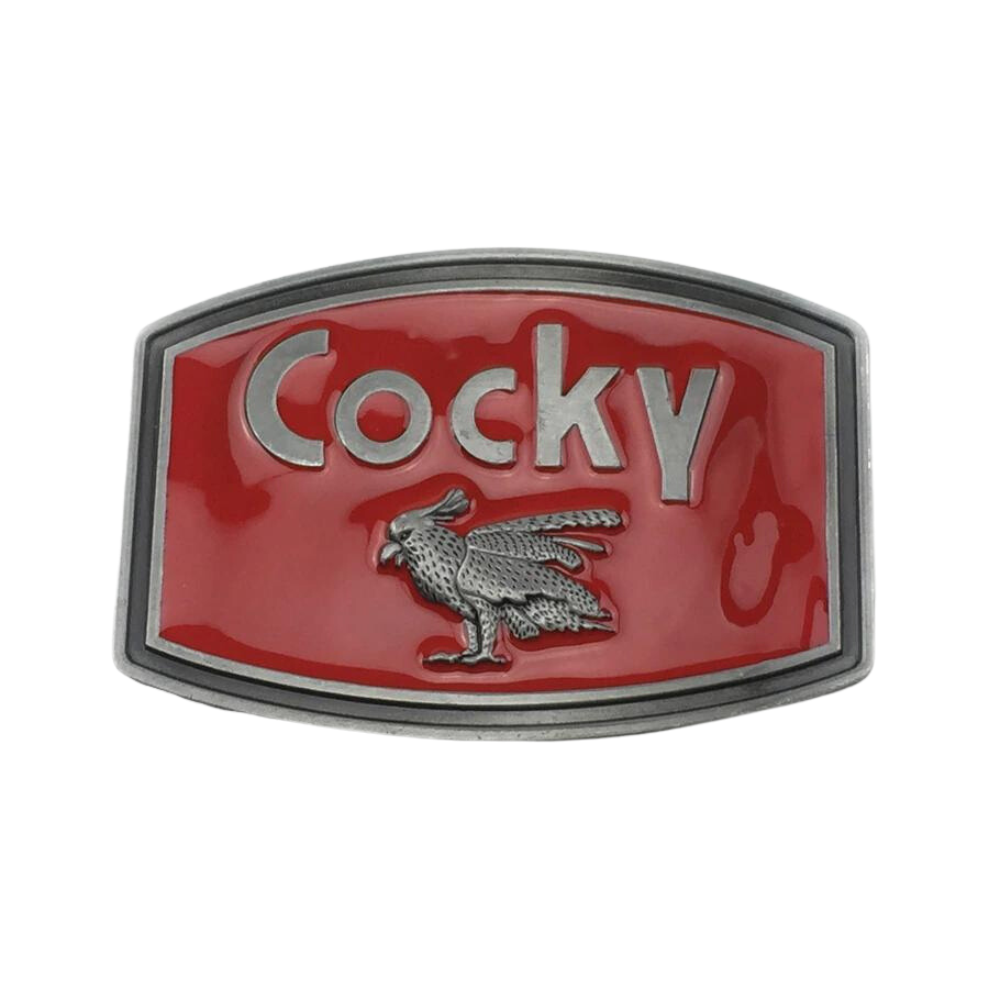 COCKY Belt Buckle with Red Enamel and Pewter Finish