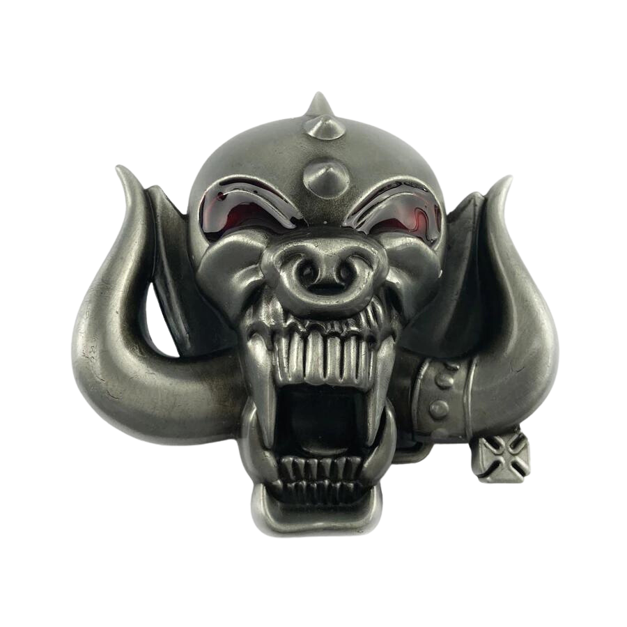 3D Skull Head Belt Buckle with Pewter Finish and Red Eyes