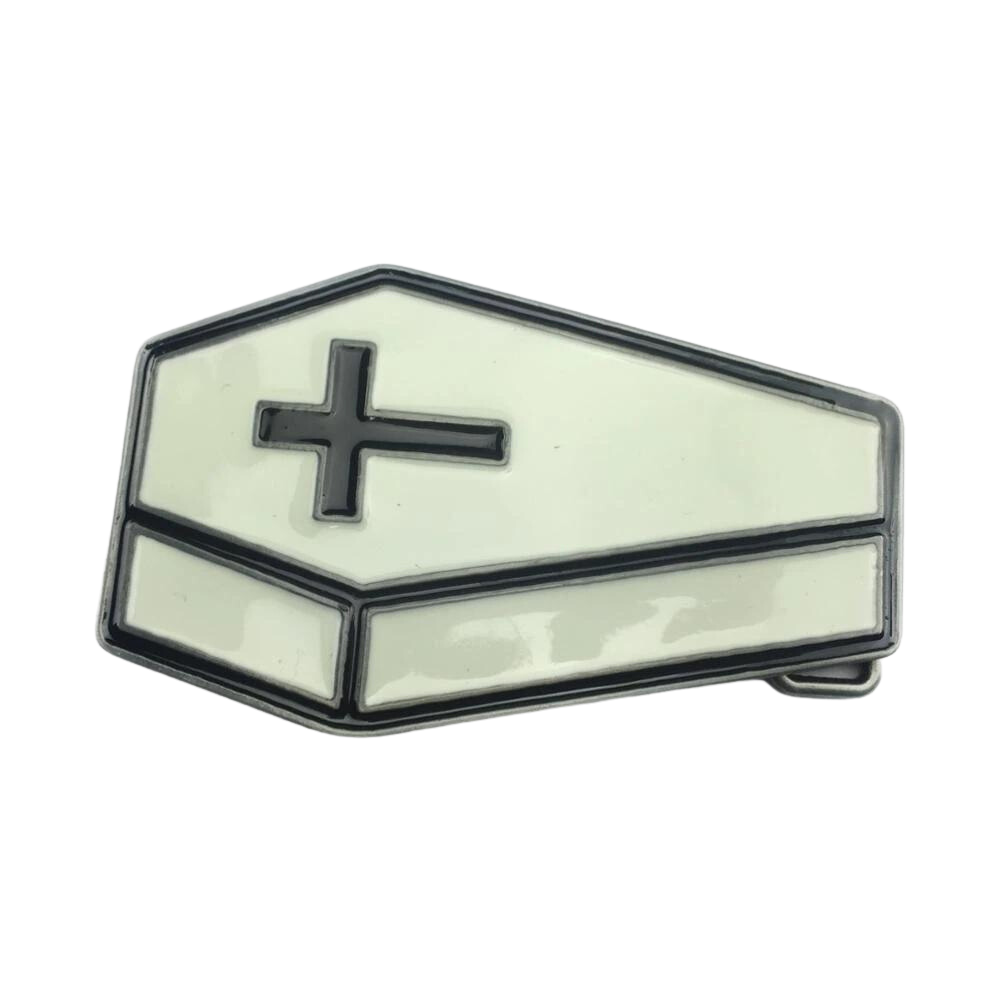 Coffin Belt Buckle with cream enamel and pewter finish