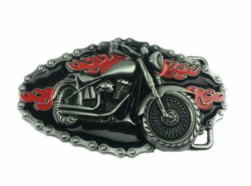 Motorcycle belt buckle with red flames and black background